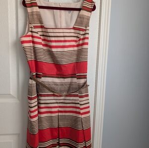 Cleo Striped Sleeveless Midi Dress in Red, Beige & Brown
